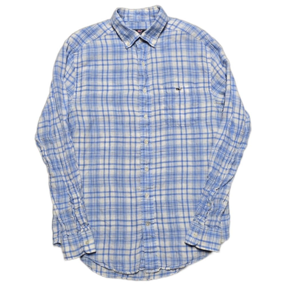 Vineyard Vines Classic Fit Tucker Shirt 100% Linen Blue Plaid Mens‎ Size Medium